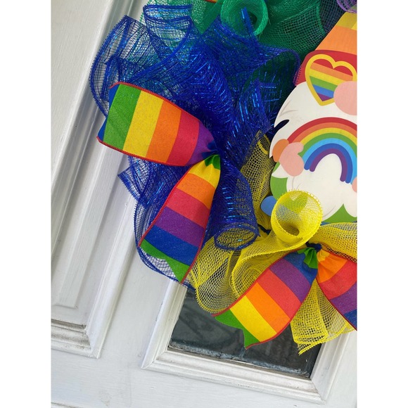Everyone is Welcome Here Rainbow Gnome Pride Flag LGBTQ Sign Mesh Ribbon Wreath - Picture 5 of 9